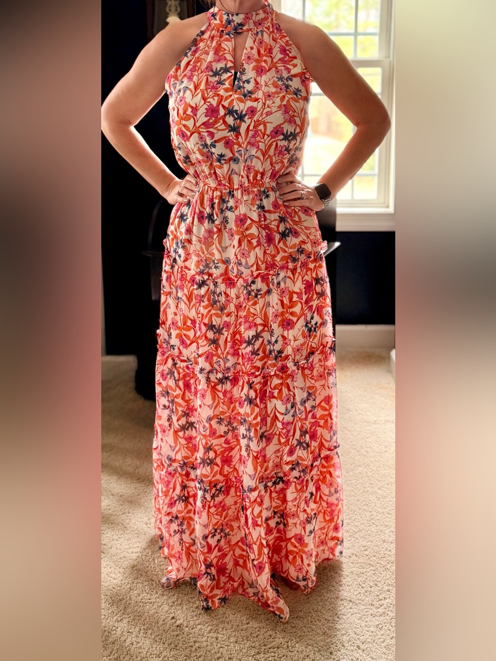 Women’s Floral Tiered Maxi Skirt - Pink & Orange